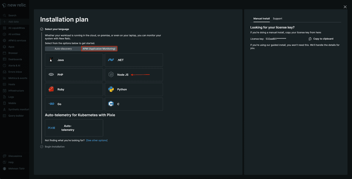 Arrow pointing to the Node JS agent